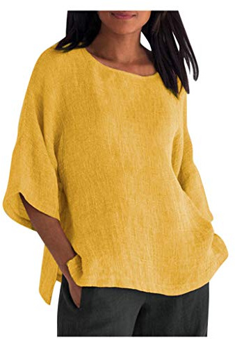 Generico Camicia Lino Donna Estiva Manica 3/4 Camicie Elegante Blusa Lavoro Casual Top Camicetta da Spiaggia Tinta Unita Classico Cotone