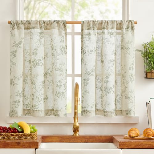 TOPICK Green Floral Kitchen Curtain 2 PCS, Linen Look Cafe Curtains W26xL36 | 36 Inch Drop Light Filtering Short Curtain Tiers for Bathroom, Sink, Cupboard Base, Sink, Small Window, Bedroom, Rod Pocket