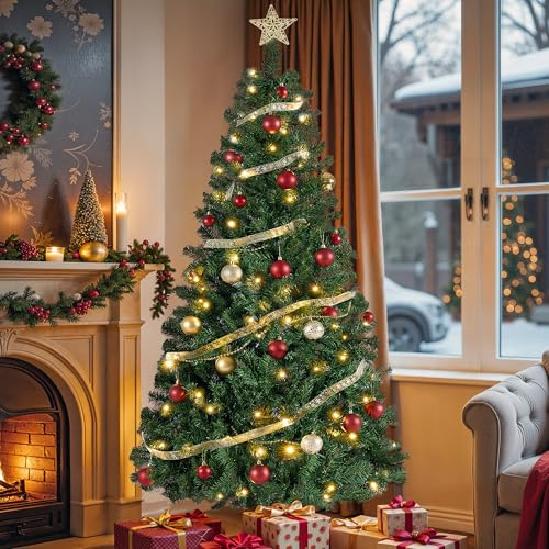 SONGMICS Sapin de Noël Artificiel, avec Éclairage, Sapin de 180 cm, Branches en PVC, avec Support en Métal, Montage Rapide, Vert LAT004CZ01