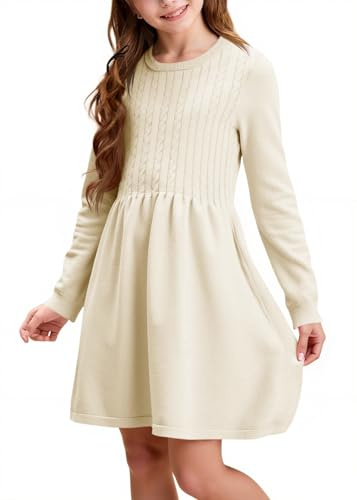 Haloumoning Flicktröjklänning långärmad stickad klänning med flätmönster A-linje fritidsklänning höst elegant festklänning vinterklänningar, Beige, 6-8 år