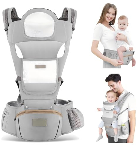 9 in 1 Marsupio Neonato, Marsupio Porta Bambino Ergonomico 0-36 mesi, Marsupio Porta Bebè Inferiore a 25kg, Marsupio Bamini con Sedile Multiposizione, Poggia Testa e Cappuccio(Grigio)