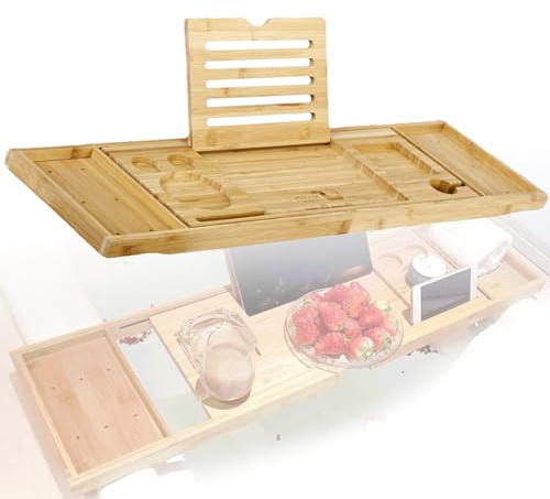 Plateau De Baignoire en Bambou avec Bras Ajustables,102 x 22 Cmbaignoire Bois,Tablette Baignoire,pour Livres/Tablettes/Téléphones Portables/Serviettes/Aliments
