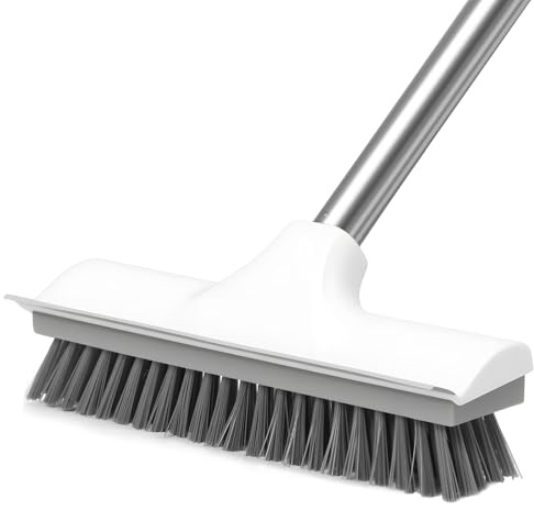 Newthinking Floor Scrubbing Brush with Long Handle, Heavy Duty Stiff Bristle Floor Brush with Squeegee for Cleaning Bathroom Deck Tile Patio
