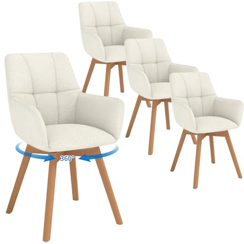 LEWE Chaises de Salle à Manger Pieds en Bois Lot de 4, Pivotantes à 360° | Chaise Rembourrées avec Accoudoir, Fauteuil Moderne avec Pieds en hêtre, pour Salle à Manger, Cuisine, Salon, Beige