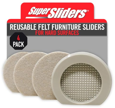 Super Sliders 3 Cupped Reusable Felt Furniture and Appliance Sliders for Hard Surfaces, Anti-Slip Protective Furniture Moving Pads for Beds, Sofas, Dressers, Set of 4, Beige