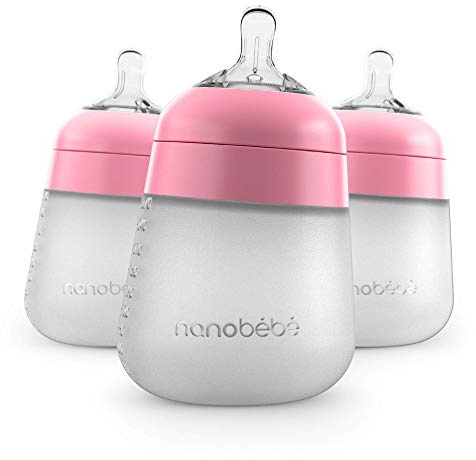 Nanobebe Flexy silikon babyflaskor, anti-kolik, naturlig känsla, icke-kollapsande bröstvårta, icke-spets stabil bas, lätt att rengöra, 3-pack, rosa, 270 ml