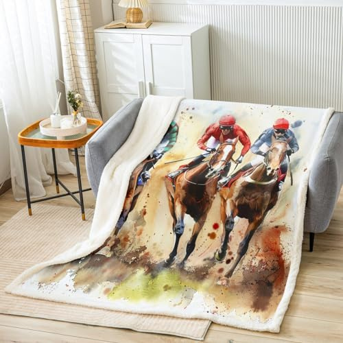 Horse Racing Print Sherpa Fleece Blanket Exciting Horse Game Art Painting Throw Blanket Graffiti Dust Fuzzy Soft Blanket Bed Couch,Throw Size (50 x 60 Inches)