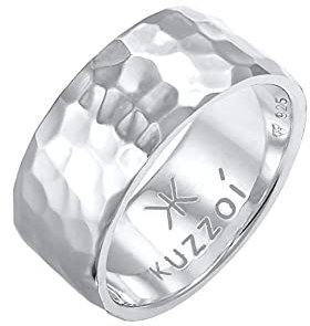 Kuzzoi Herrenring im Hammerschlag Design, Bandring massiv 10 mm breit in 925 Sterling Silber, Silberring gehämmert poliert, Ring für Männer im Biker Look, Ringgröße 60, 0608440221_60
