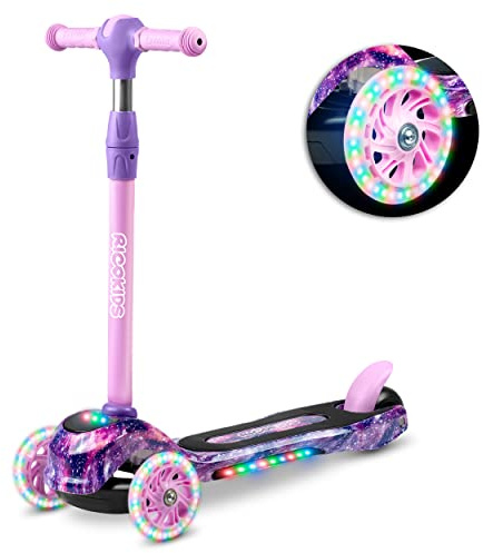 Ricokids trehjulig sparkcykel robust skoter för barn – tre stabila hjul – har färgad LED-belysning justerbar styrhöjd bred halkfri plattform – upp till 35 kg rosa och lila