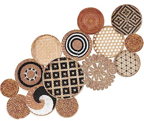 Geetery Set of 14 Boho Wall Basket Decor Round Flat Bamboo Rattan Basket Decorative Hanging Woven Basket with Macrame Tassels Handmade Wall Tapestry for Bedroom Living Room Kitchen Farmhouse Crafts