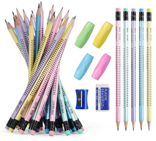 OFFCUP Matite HB, 30 Con Gomma, Pretemperate Con Gomma All'estremità, 4 Portapenne, Temperamatite E Gomme per Scolari, Scrittura a Mano E Disegno