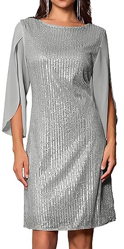 GRACE KARIN Damen Festliches Kleid Paillettenkleid Hochzeitsgast Wedding Guest Cocktailkleid Glänzend Pailletten Kleid L Silber Grau-Pailletten CL1812A22-06