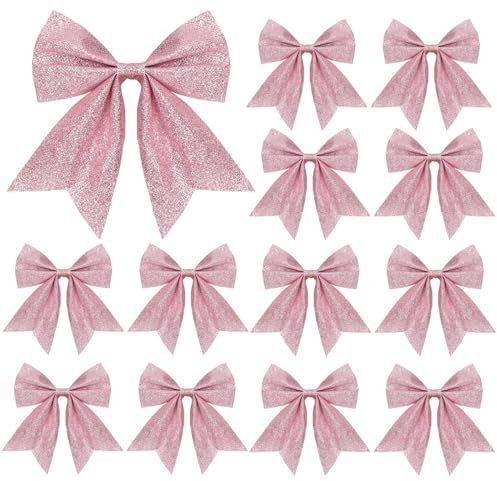 12Pcs Glitter Bows for Christmas Tree Decoration, 5.9Inch Decorative Wreaths Bow Bowknot Ornaments for Crafts Garland Holiday Home Decor (Pink)