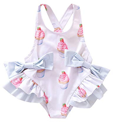 WERNZATT Toddler Baby Girls One Piece Ruffles Swimsuit Floral Sleeveless Strap Backless Bathing Suit Bowknot Summer Swimwear (E White, 6-12 Months)