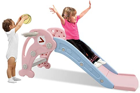 Sinbide Tobogán Infantil Plegable, con Red de Baloncesto para jardín, Parque Infantil y Uso en Interiores, Adecuado para 1-5 años (Rosa)