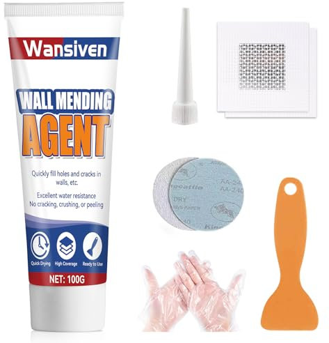 Wansiven Pâte de réparation murale, enduit de rebouchage, kit de mastic mural blanc imperméable pour le remplissage des fissures et des surfaces en plâtre avec grattoir et tampon de réparation (100 g)