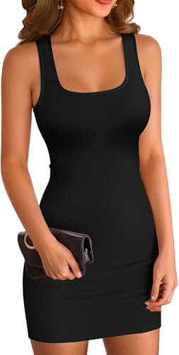 ELFIN Sommerkleid Damen Bodycon Kleid Gerippt Kurz Minikleid Quadratischer Ausschnitt Tank Kleid Slim Party Club Kleid Sommer Freizeitkleid Eng (S, Schwarz)