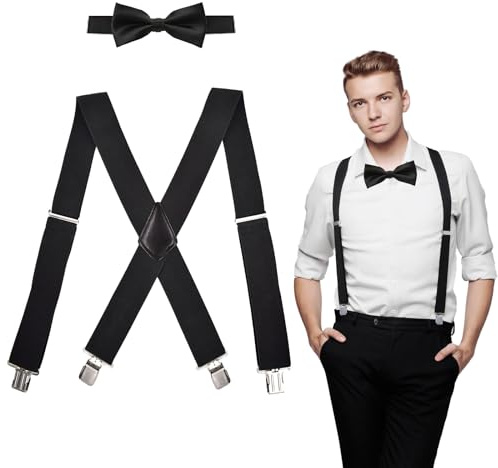 NVGVUP Tirantes para hombre con 4 clips de metal, tirantes para hombre anchos de 5 cm, correas elásticas extrafuertes, ajustables, incluye juego de pajarita, Negro , X Style