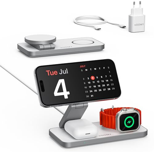 Voomy Carga inalámbrica 3 en 1 MagSafe – Estación de Carga para iPhone, Apple Watch y AirPods – 15W, diseño Plegable, con USB-C y Adaptador – Compatible con MagSafe y Qi