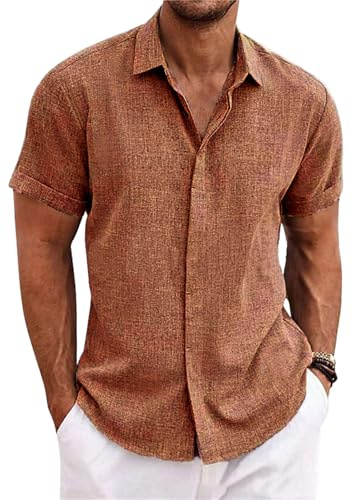 PADOLA Camicia in Lino Uomo Camicie con Collo Botton-downa Maniche Corte e da Spiaggia Slim Fit Estiva Estate Casual(M,Marrone)