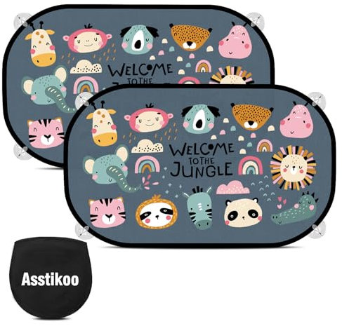 Asstikoo Car Window Shades for Baby with UV Protection, Car Sun Shades for Kids, Sun Visor Cars Baby, Side Window Sunshades with Cute Animal Motifs, 51 * 31 cm, Set of 2