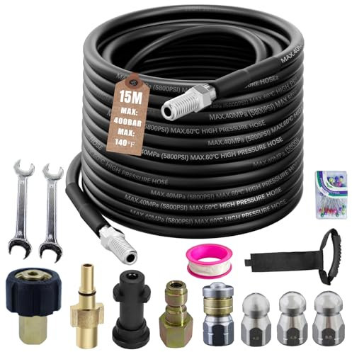 15M Kit de Manguera para Limpiar Tuberías,Desatascador Karcher compatible con Karcher K2-K7, Lavor, Bosch, 400 Bar/5800 PSI,Kit de Limpieza de Manguera de Drenaje con 4 Boquillas y 2 Adaptadores