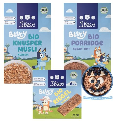3Bears Probier-Set – 3 x 400g - Lieblings-Frühstücksbrei mit natürlichen Zutaten - Vegan, ohne Zusatzstoffe, ohne Industriezucker - Ideal für warmes Frühstück & Meal Prep (Bluey Probier-Set)
