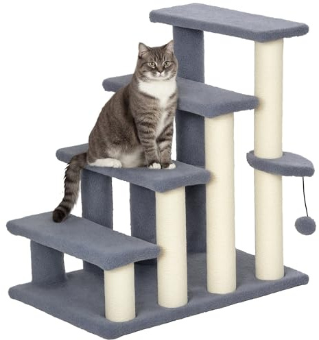 PawHut Escalera para Gatos de 4 Niveles, Escalera para Mascotas, Cubierto de Suave Felpa, Poste de Yute, Bola Colgante, Árbol Rascador para Gatos, 60x40x64 cm, Gris