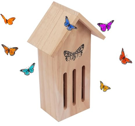 Casa de mariposas de madera, 11.2 pulgadas de alto, refugio de jardín colgante, diseño de madera rústica, atrae polinizadores, ranuras verticales, hábitat decorativo al aire libre, montaje de árbol de