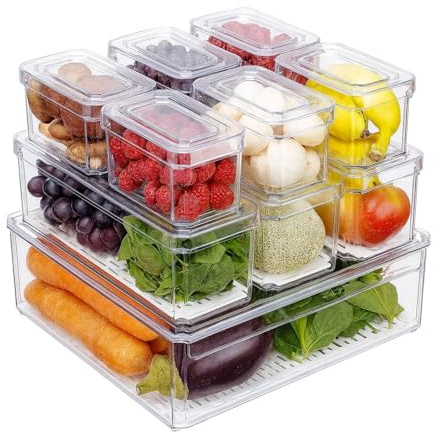 Set of 10 Fridge Organizers with Lids 3Sizes Clear Stackable Refrigerator Storage Bins with Drain Holes BPA-Free Plastic Food Containers for Fruits Vegetables Pantry Kitchen Cabinet Organization