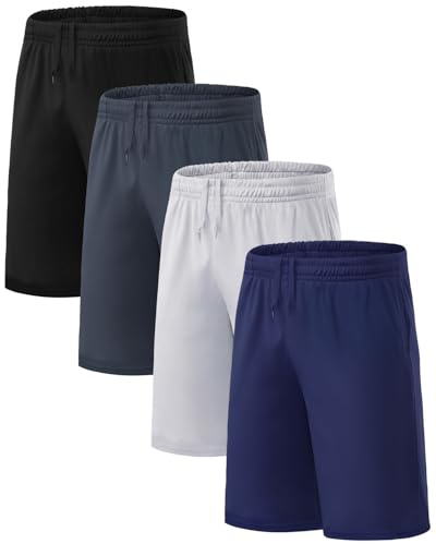 Orrfreer 4 Pack Boys Shorts Kids Sport Summer Football Lightweight School PE Shorts with Internal Drawstring Elastic Waist