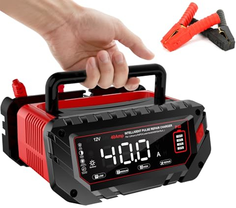 WARMFORWEL P40 40A Smart Bilbatteriladdare, 6V/12V/24V Pulse Underhållare för Litium/LiFePO4/AGM/Bly, med LCD & Temperaturkontroll för Lastbil Motorcykel