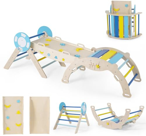 GOPLUS 7-i-1 färgglad Montessori klättertriangel, klätterset för småbarn med nautiskt tema, ramp, båge och vikbar triangel, inomhus, trä, baby, triangel, klätterlekplats, klätterställning för barn
