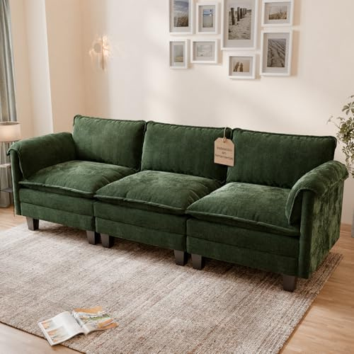 ELUCHANG Sofá Nube Modular 256cm, Sofá de 3 Plazas con Asiento Profundo 62cm, Montaje sin Herramientas, Sofá Moderno de Chenilla para Salón y Habitación, Verde Salvia