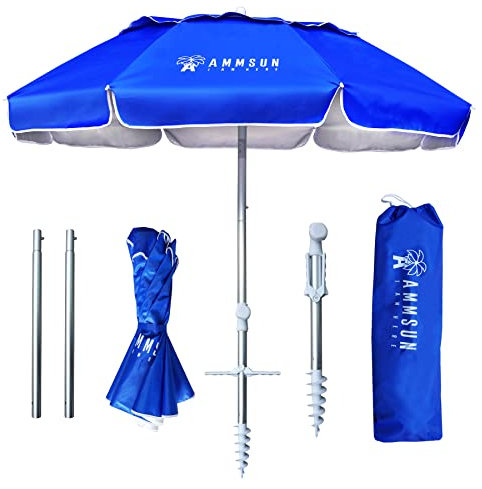 AMMSUN Faltbarer Reise-Strandschirm mit Sandanker, Neigung und Lüftungsschlitz, LSF 50 + UV-Schutz, passt in Koffer, tragbar, kompakt, faltbar, Strandschirm für Terrasse, Garten, Strand, Pool, Blau,