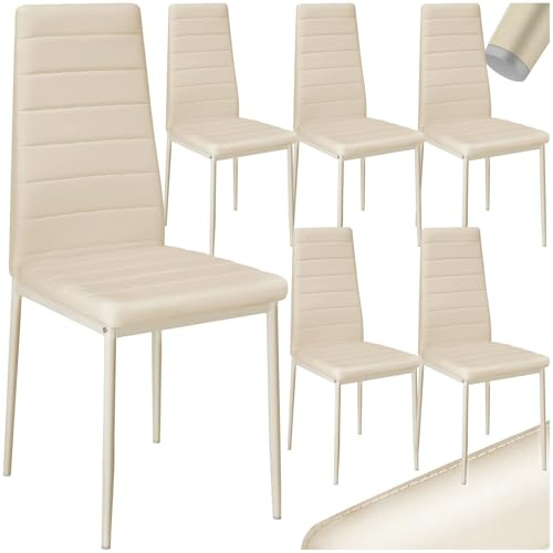 tectake® Set 6 Sedie Sala da Pranzo, Sedie Cucina in Similpelle, Gambe in Acciaio, Sedie da Pranzo Moderne dal Design Elegante, Sedie da Cucina Antiscivolo - Beige