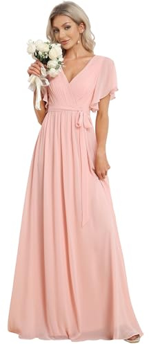 Ever-Pretty Vestiti da Cerimonia Donna Scollo a Rotondo Maxi Orlo Asimmetrico Chiffon Abiti da Sera Rosa 42