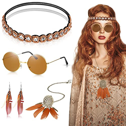 Herdear 4 Stück Hippie Kostüm Set Damen 70er 60er Hippie Accessoires Enthalten Runden Hippie Sonnenbrille Boho Kristall Stirnband Lange Feder Halskette Ohrring für Frauen Mädchen Cosplay (Retro)