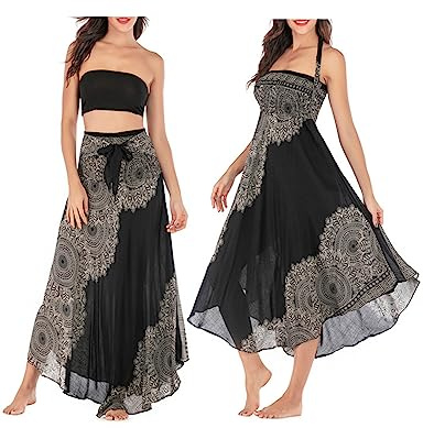 JENJON Femme Robe Imprimé Fleurie Ete Boheme Jupe Style Ethnique 2 en 1 sans Manche Plage Strap Wrap Taille Unique