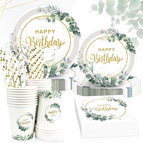CHRI Geburtstagsdeko Partygeschirr Set 125 STK für 25 Gäste, Eukalyptus Party Geschirrset Geburtstag Deko Happy Birthday Deko Frauen Kindergeburtstag