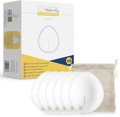 First Days Maternity - Large Size Reusable Breast Pads (6) - Nursing Pads and Wash Bag - Organic Cotton Covers for Breastfeeding Mums