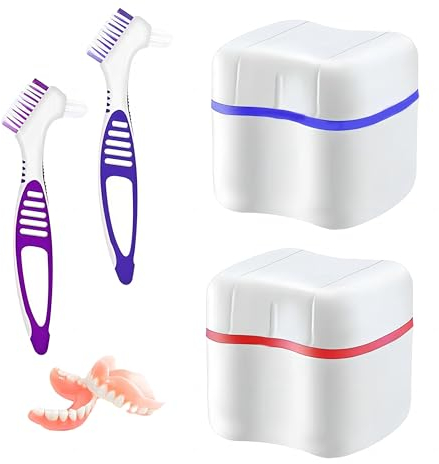 2 Cajas para Dentaduras Postizas Ortodoncia con 2 Cepillos de Dientes, Estuches de Baño para Dentaduras de Plástico, Recipiente de Dientes Postizos, Tazas de Limpieza Dentaduras con Cesta de Enjuague