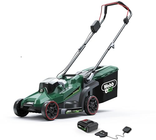 Webb Eco 20V 33cm Brushless Cordless Lawnmower, Battery Power, 5 Cutting Heights, 35L Collector, 13 Cutting Width, Easy Storage, Upto 35 Minutes Runtime. Inc 1x4AH Battery & Charger 3yr Guarantee