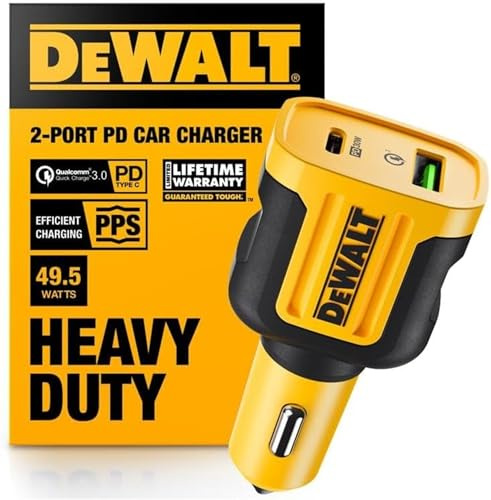 DEWALT Heavy Duty USB + USB C Car Charger Adapter, 49.5W Cigarette Lighter USBA Charger, PD Car Charging Adapter PPS 30W Quick Charge 3.0 Fast Charging for iPhone 17/16/15 Pro Max Samsung Galaxy Pixel