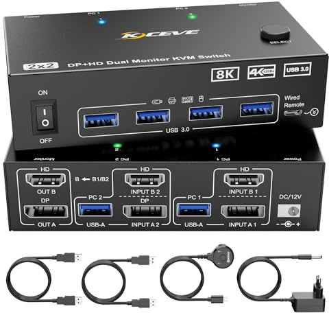 Conmutador KVM 8K 2 PC 2 monitores 8K @ 60Hz 4K @ 144Hz DisplayPort + HDMI Dual Monitores KVM Switch para 2 PC Share 2 monitores y 4 dispositivos USB 3.0, mando a distancia por cable, fuente de