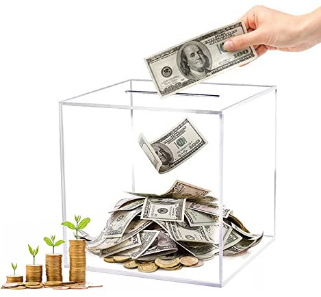 Yallmie Clear Acrylic Money Box, Money Boxes Acrylic Money Saving Tin, Money Box Piggy Bank Square Money Jar, Money Saving Box Saving Jar Clear Piggy Bank for Adults (12CM)