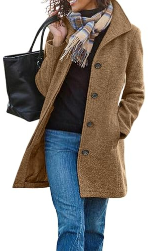 utcoco Women's Casual Thicken Single Breasted Pea Coat Stand Collar Mid Long Wool Coats with Pockets (Small, Khaki)