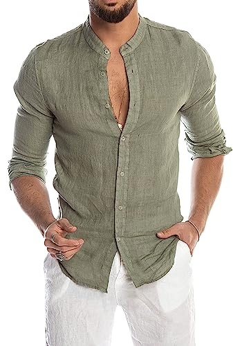 Camicia Uomo di Lino Manica Lunga Slim Fit Casual Estiva Coreana Traspirante Leggera