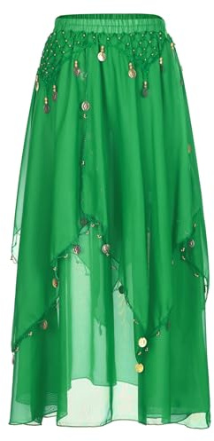 inhzoy Femme Jupe de Danse du Ventre Belly Jupe Longue Danse Orientale en Mousseline de Soie Foulard à Sequin Écharpe Costume Performance Dansewear Vert Foncé Taille Unique