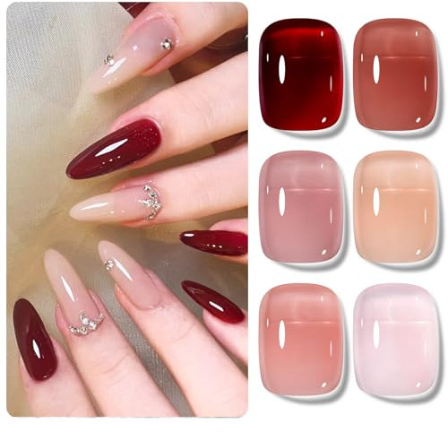Shining She Jelly Gel Nail Polish Kit - 6 Color Nude Pink Brown Red Sheer Transparent UV/LED Soak-Off for Nail Art Salon & DIY Home - 8ML
